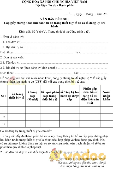 Mẫu văn bản đề nghị cấp GCN lưu hành tự do trang thiết bị y tế