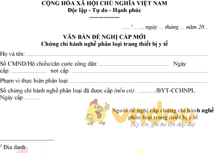 Mẫu văn bản đề nghị cấp mới chứng chỉ hành nghề phân loại trang thiết bị y tế