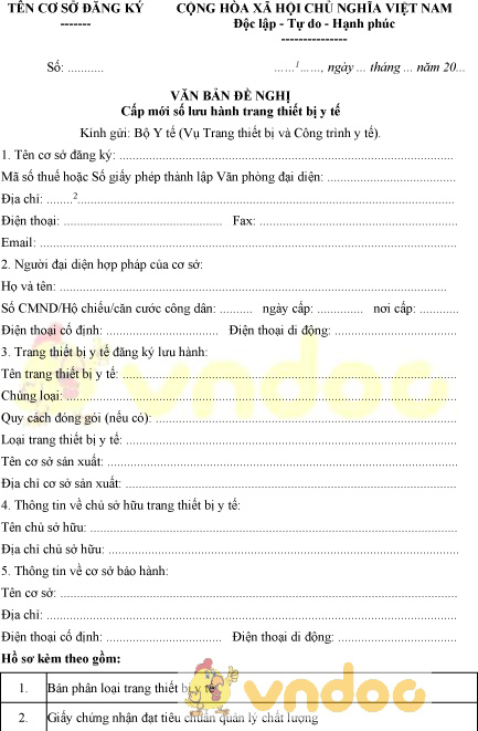 Mẫu văn bản đề nghị cấp mới sổ lưu hành trang thiết bị y tế