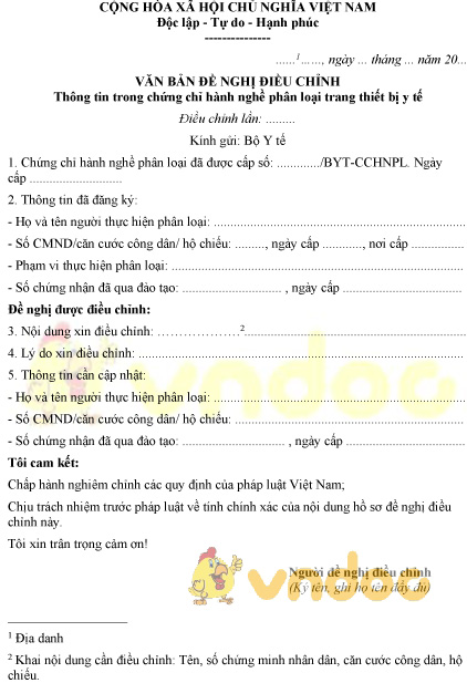 Văn bản đề nghị điều chỉnh thông tin chứng chỉ hành nghề phân loại trang thiết bị y tế
