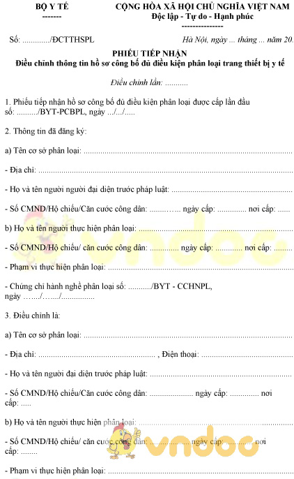 Mẫu phiếu tiếp nhận điều chỉnh thông tin hồ sơ công bố đủ điều kiện phân loại trang thiết bị y tế