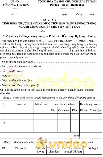 Mẫu báo cáo tình hình thực hiện định mức tiêu hao năng lượng trong chế biến thủy sản