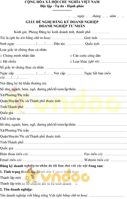 Mẫu giấy đề nghị đăng ký doanh nghiệp tư nhân