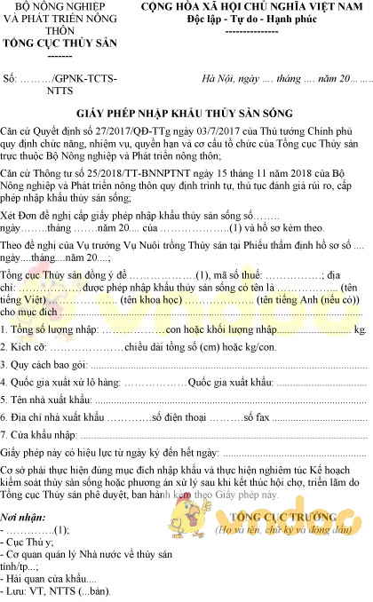 Mẫu giấy phép nhập khẩu thủy sản sống