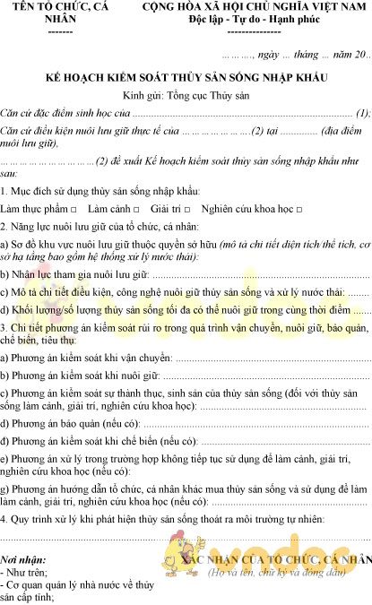 Mẫu kế hoạch kiểm soát thủy sản sống nhập khẩu