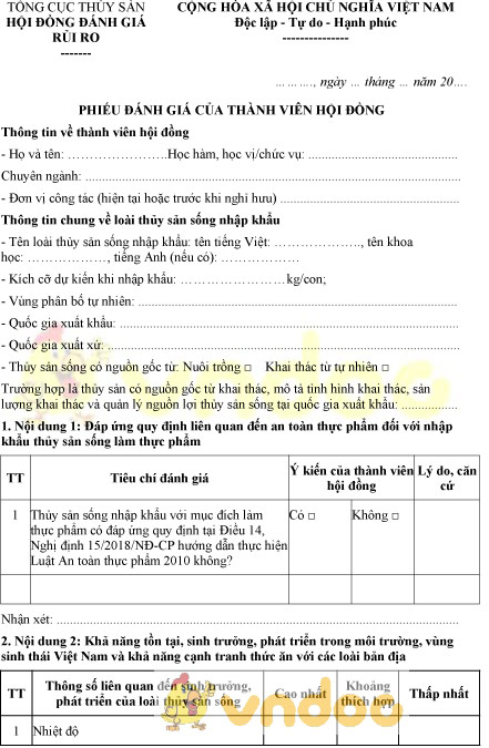 Mẫu phiếu đánh giá của thành viên hội đồng đánh giá thủy sản