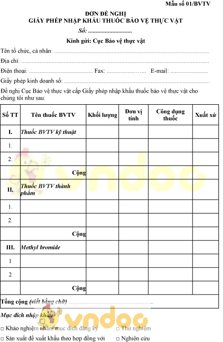 Mẫu số 01/BVTV đơn đề nghị cấp giấy phép nhập khẩu thuốc bảo vệ thực vật