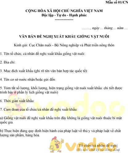 Mẫu số 01/CN văn bản đề nghị xuất khẩu giống vật nuôi