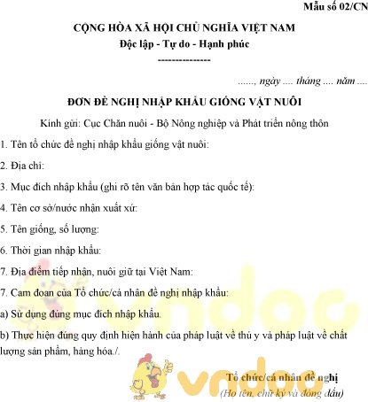 Mẫu số 02/CN đơn đề nghị nhập khẩu giống vật nuôi