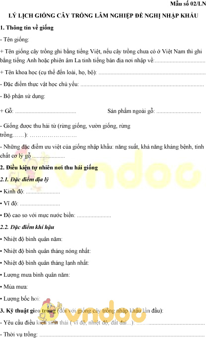 Mẫu số 02/LN lý lịch giống cây trồng lâm nghiệp đề nghị nhập khẩu