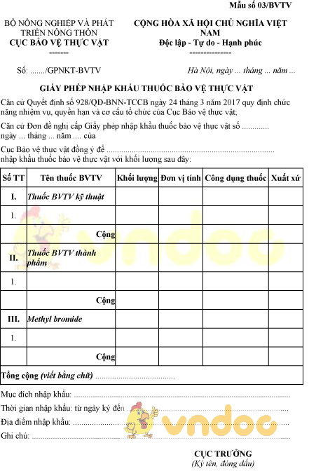 Mẫu số 03/BVTV giấy phép nhập khẩu thuốc bảo vệ thực vật