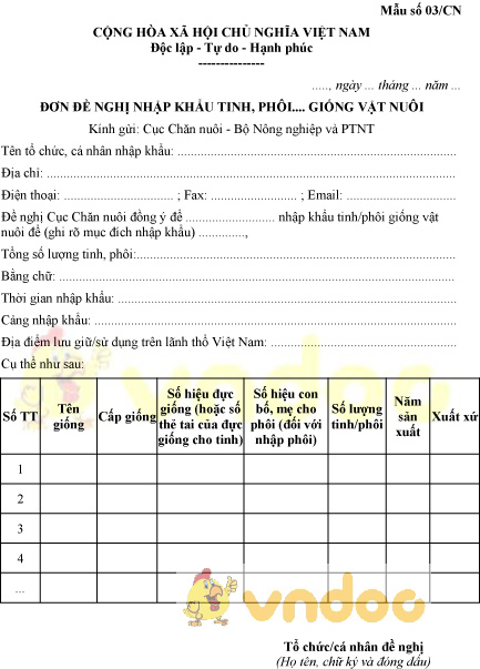 Mẫu số 03/CN đơn đề nghị nhập khẩu tinh, phôi giống vật nuôi