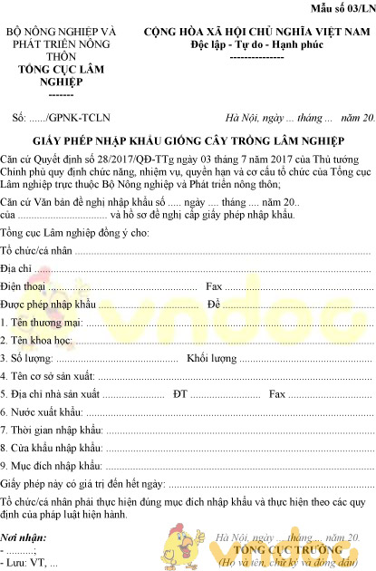 Mẫu số 03/LN giấy phép nhập khẩu giống cây trồng lâm nghiệp