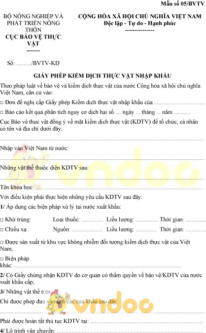 Mẫu số 05/BVTV giấy phép kiểm dịch thực vật nhập khẩu