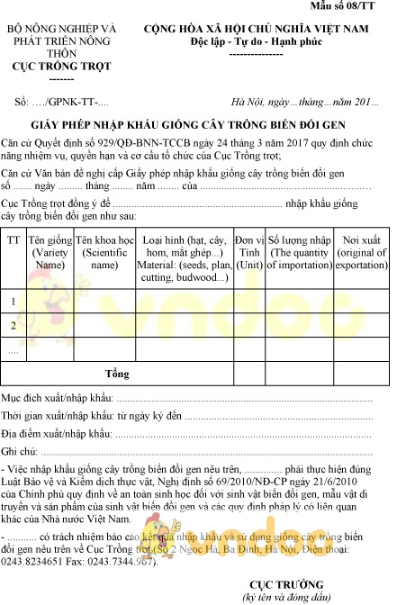 Mẫu số 08/TT giấy phép nhập khẩu giống cây trồng biến đổi gen