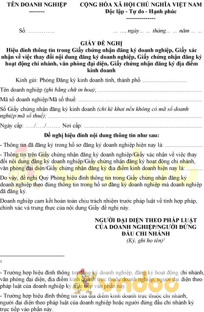 Mẫu giấy đề nghị hiệu đính thông tin trong GCN đăng ký doanh nghiệp