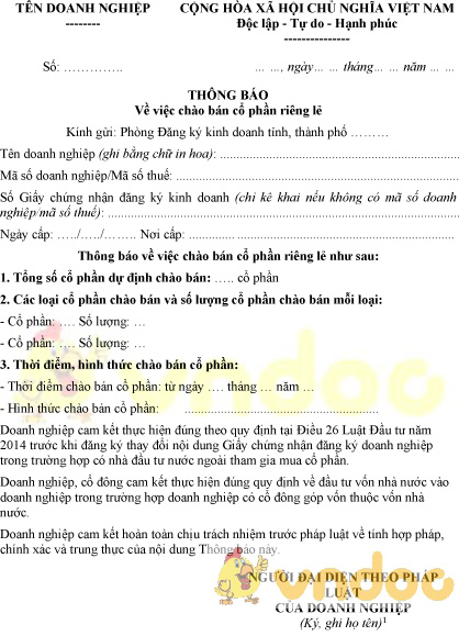 Mẫu thông báo chào bán cổ phần riêng lẻ