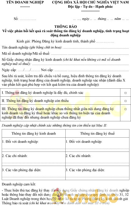 Mẫu thông báo phản hồi kết quả rà soát thông tin đăng ký doanh nghiệp