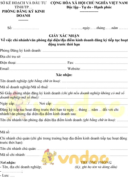 Mẫu giấy xác nhận chi nhánh, văn phòng đại diện đăng ký tiếp tục hoạt động