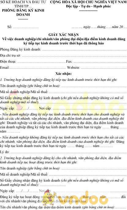 Mẫu giấy xác nhận doanh nghiệp, chi nhánh, văn phòng đại diện tiếp tục kinh doanh