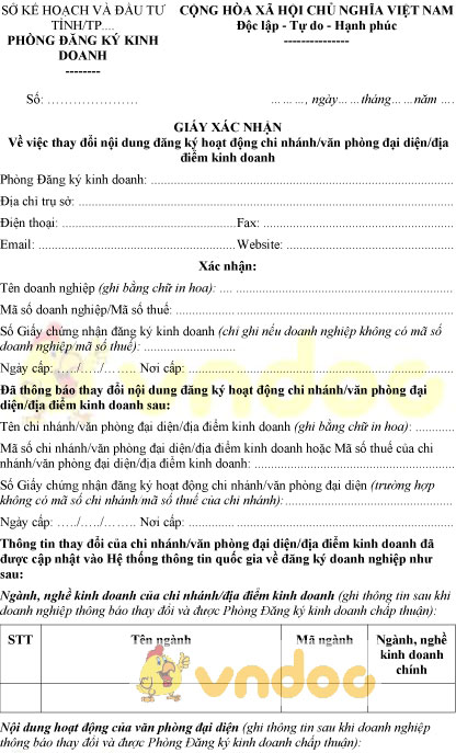 Mẫu giấy xác nhận thay đổi nội dung đăng ký hoạt động chi nhánh, văn phòng đại diện