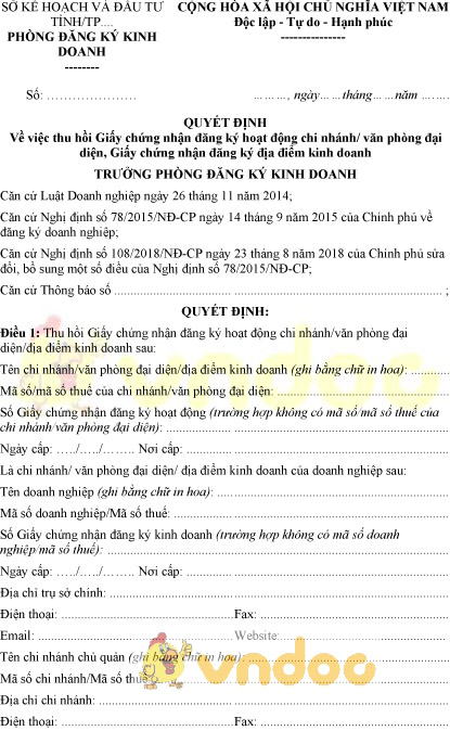 Mẫu quyết định thu hồi GCN đăng ký hoạt động chi nhánh, văn phòng đại diện