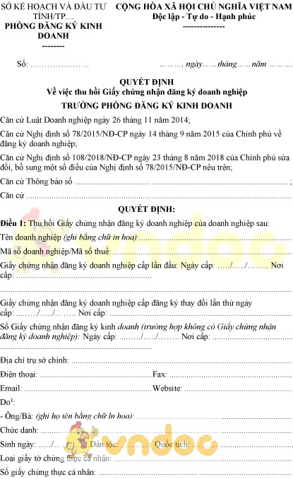 Mẫu quyết định thu hồi giấy chứng nhận đăng ký doanh nghiệp