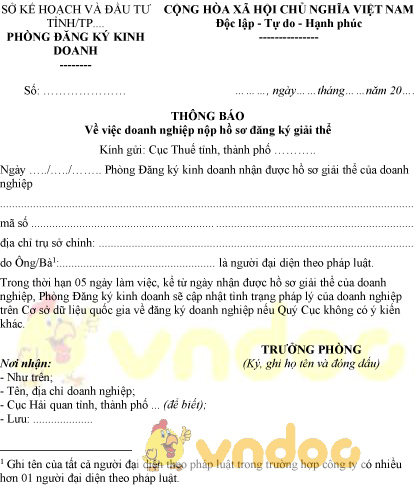 Mẫu thông báo doanh nghiệp nộp hồ sơ đăng ký giải thể