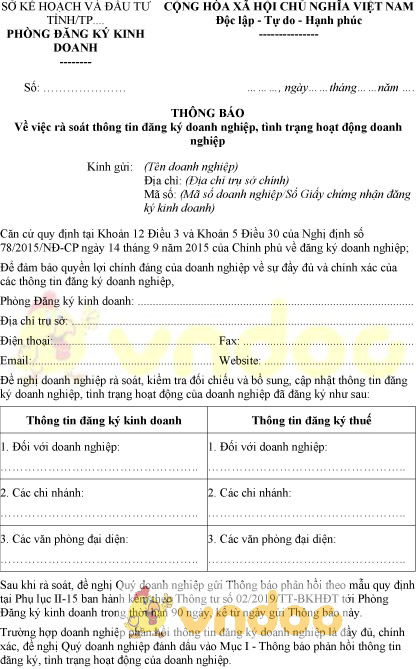Mẫu thông báo rà soát thông tin đăng ký doanh nghiệp