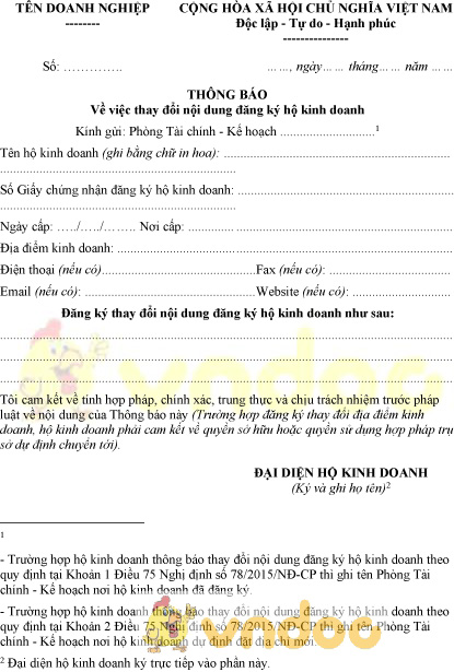 Mẫu thông báo thay đổi nội dung đăng ký hộ kinh doanh