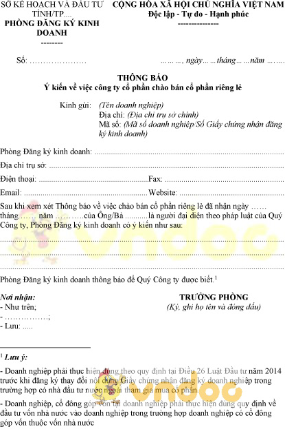 Mẫu thông báo ý kiến công ty cổ phần chào bán cổ phần riêng lẻ