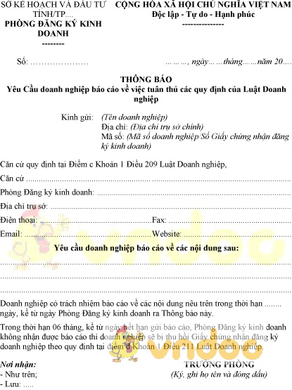 Mẫu thông báo yêu cầu doanh nghiệp báo cáo việc tuân thủ quy định của Luật Doanh nghiệp