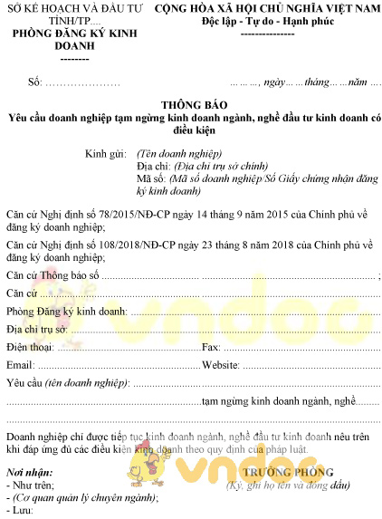 Mẫu thông báo yêu cầu doanh nghiệp tạm ngừng kinh doanh