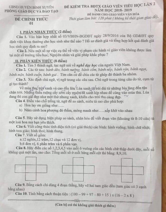 Bài kiểm tra Bồi dưỡng thường xuyên cấp tiểu học 2018 - 2019