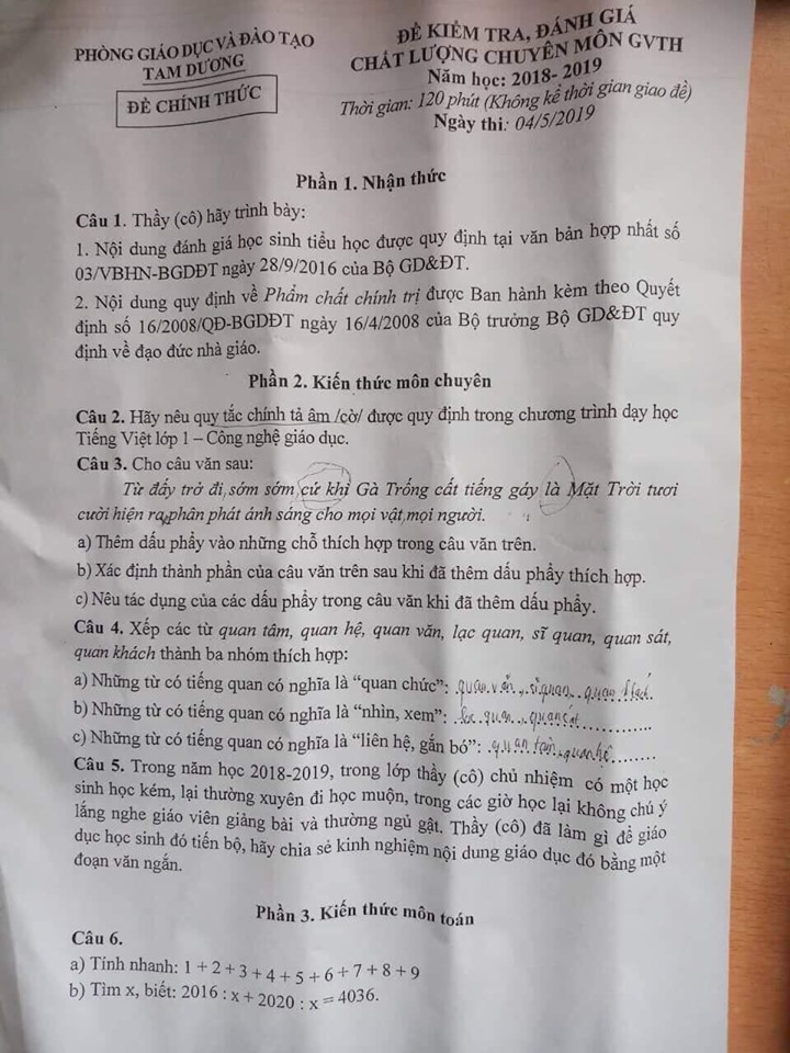 Đề KTCL giáo viên tiểu học