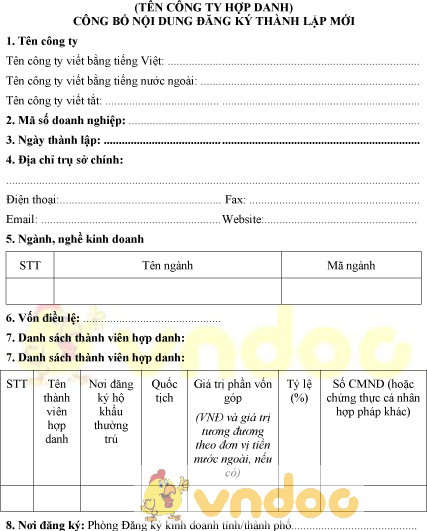 Mẫu bản công bố nội dung đăng ký thành lập công ty hợp danh