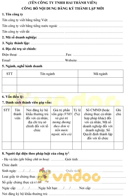 Mẫu bản công bố nội dung đăng ký thành lập công ty TNHH hai thành viên