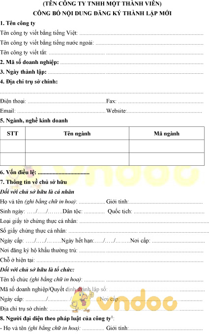 Mẫu bản công bố nội dung đăng ký thành lập công ty TNHH một thành viên