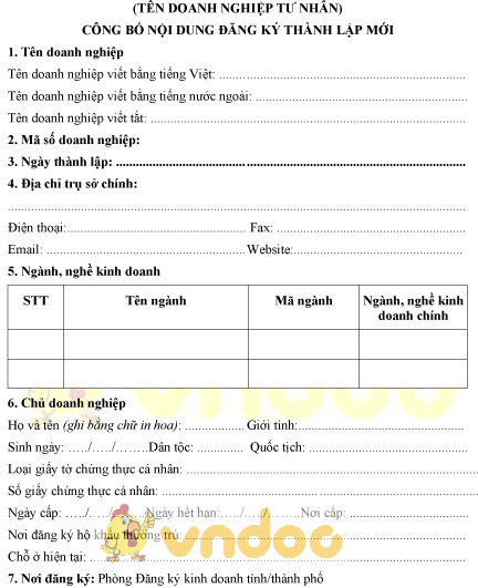 Mẫu bản công bố nội dung đăng ký thành lập doanh nghiệp tư nhân