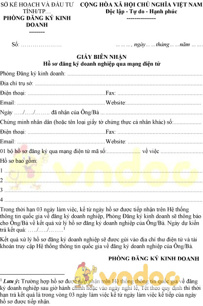 Mẫu giấy biên nhận hồ sơ đăng ký doanh nghiệp qua mạng điện tử