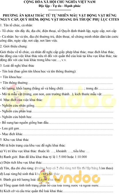 Mẫu phương án khai thác mẫu vật động vật rừng nguy cấp, quý, hiếm