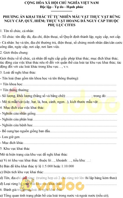 Mẫu phương án khai thác mẫu vật thực vật rừng nguy cấp, quý, hiếm