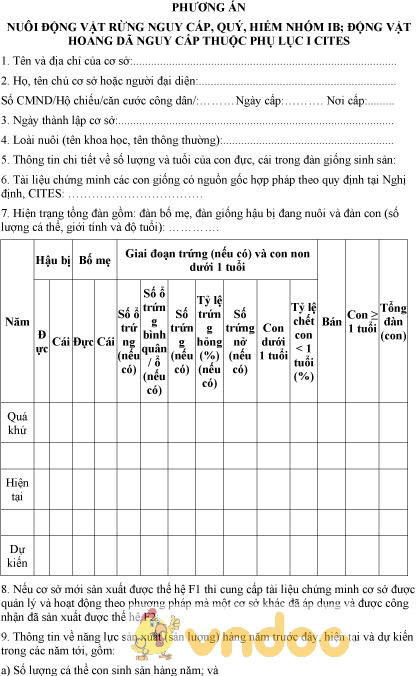 Mẫu phương án nuôi động vật rừng nguy cấp, quý, hiếm