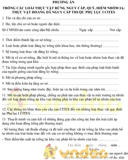 Mẫu phương án trồng thực vật rừng nguy cấp, quý, hiếm nhóm IA