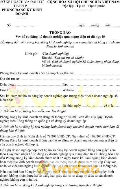 Mẫu thông báo hồ sơ đăng ký doanh nghiệp qua mạng điện tử đã hợp lệ