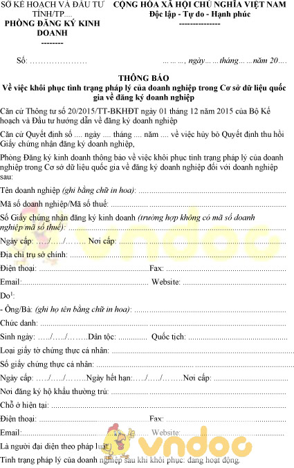 Mẫu thông báo khôi phục tình trạng pháp lý của doanh nghiệp
