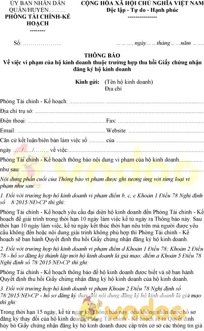 Mẫu thông báo về vi phạm của hộ kinh doanh