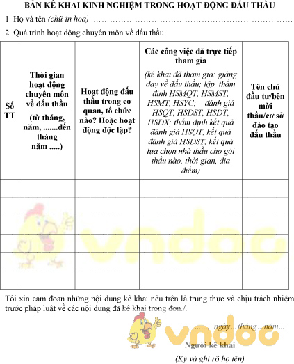 Mẫu bản kê khai kinh nghiệm trong hoạt động đấu thầu