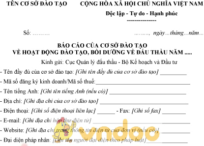 Mẫu báo cáo của cơ sở đào tạo về hoạt động đào tạo, bồi dưỡng về đấu thầu