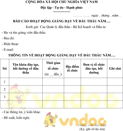 Mẫu báo cáo hoạt động giảng dạy về đấu thầu